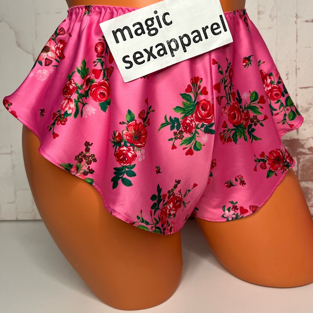 VS S M L XL HIGH-LEG SATIN SLEEP SHORT PJ PAJAMAS LINGERIE CUT FLORAL NEON PINK